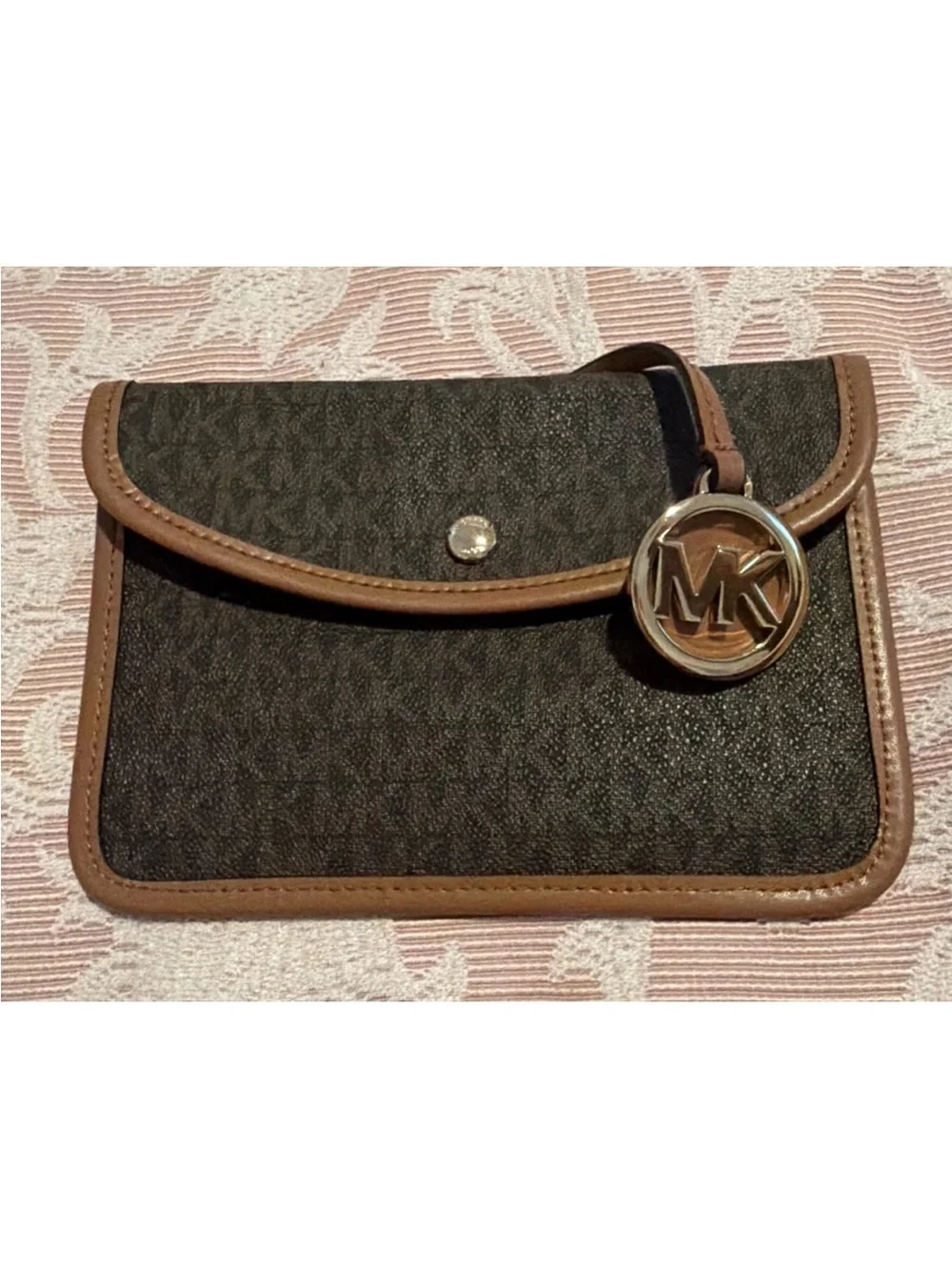 Michael Kors Brown Signature Logo Wristlet with Tan Trim